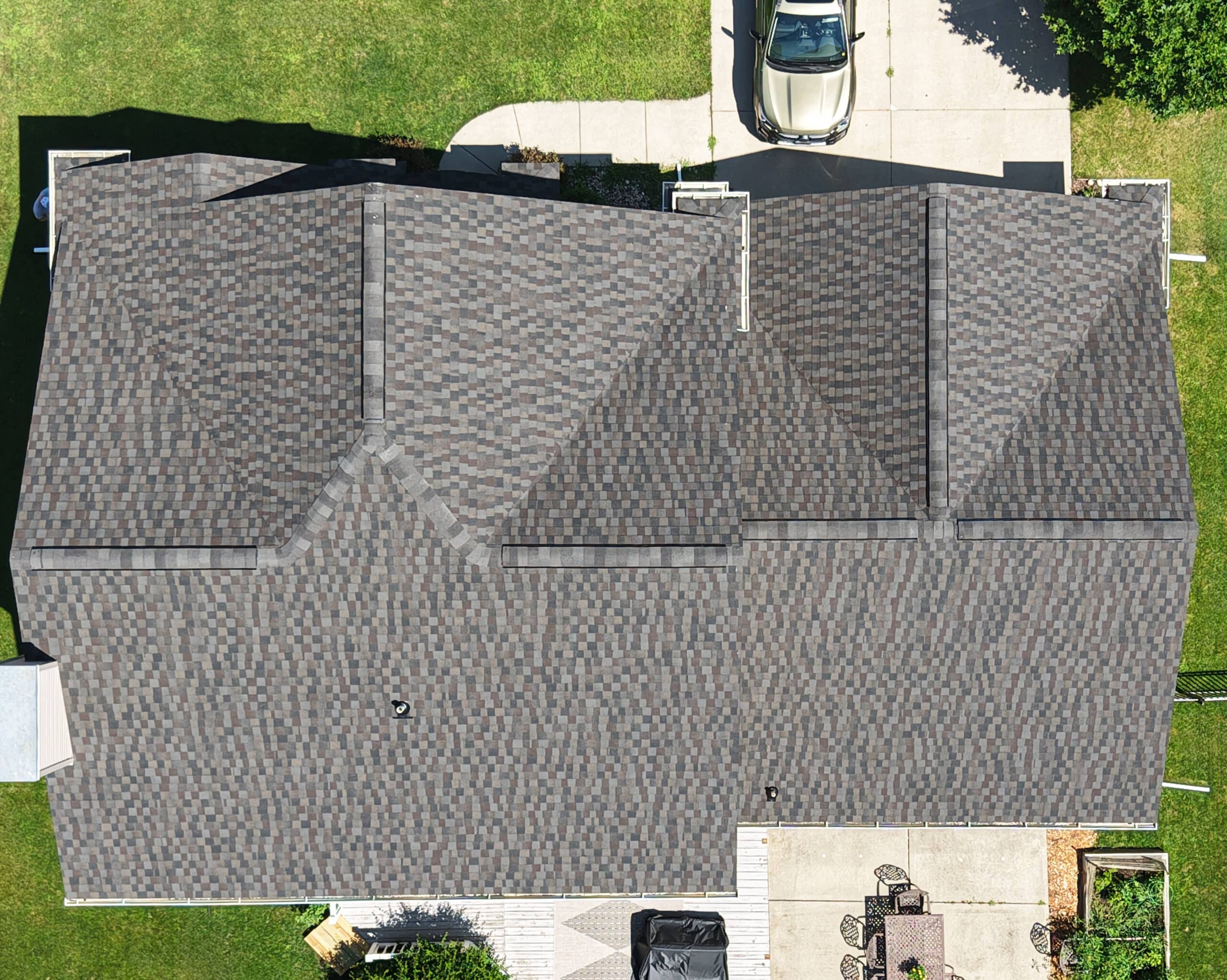 Overhead drone photo of new roofing installation from Nordic Exteriors in Minnesota